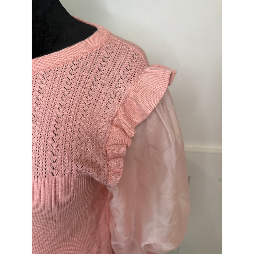 Anthropologie Pink Ruffle Sheer Puff Sleeve Pointelle Ribbed Knit Top Medium - Picture 2 of 7